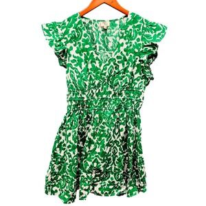 Dizzy Lizzy Dress Women's XL Green White Ikat Fit Flare Ruffle Sleeve Mini Boho